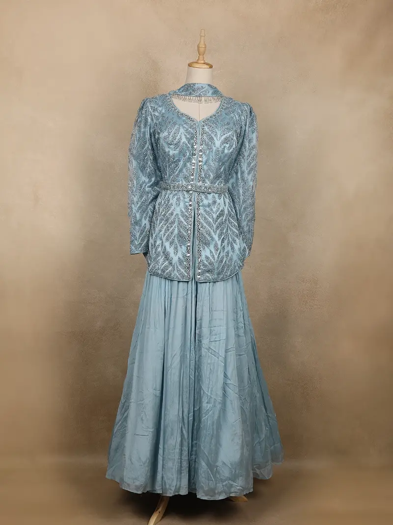 Light Blue Sequins Embroidered Satin And Net Lehenga 1
