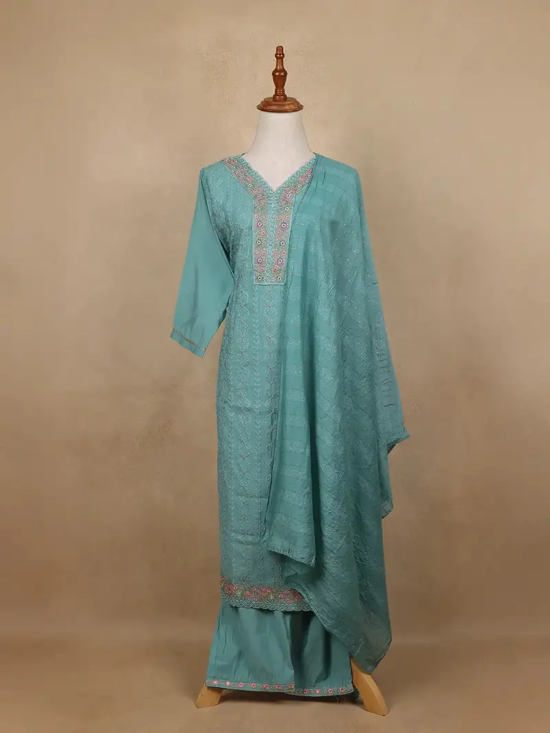 Light Blue Sequins Floral Design Cotton Salwar Suit 1