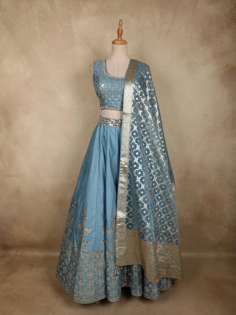 Light Blue Silver Zari Woven Design Banarasi Silk Designer Lehenga With Dupatta 1