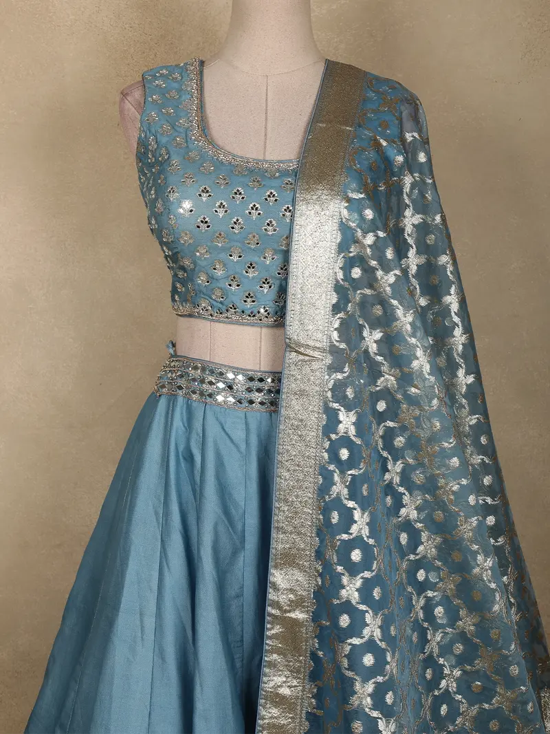Light Blue Silver Zari Woven Design Banarasi Silk Designer Lehenga With Dupatta 2