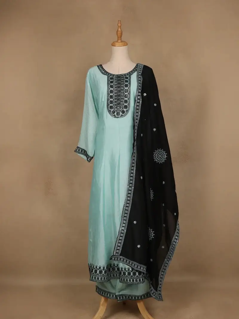 Light Blue Solid Design Silk Blend Salwar Suit With Dupatta 1
