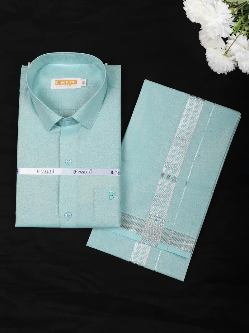 Light Blue Solid Woven Design Shirt With Silver Zari Border Matching Dhoti Set 1