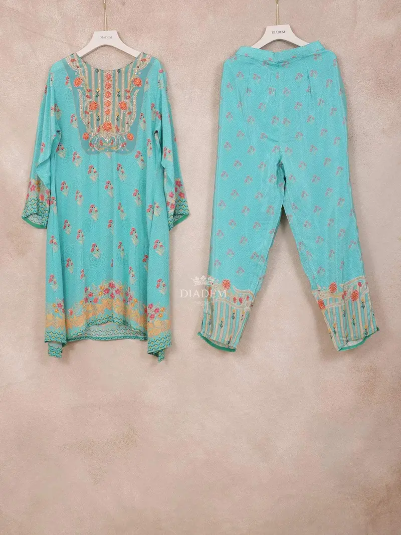 Light Blue Straight Cut Salwar Suit Adorned With Beads And Embroidery Floral Design And Without Dupatta 1