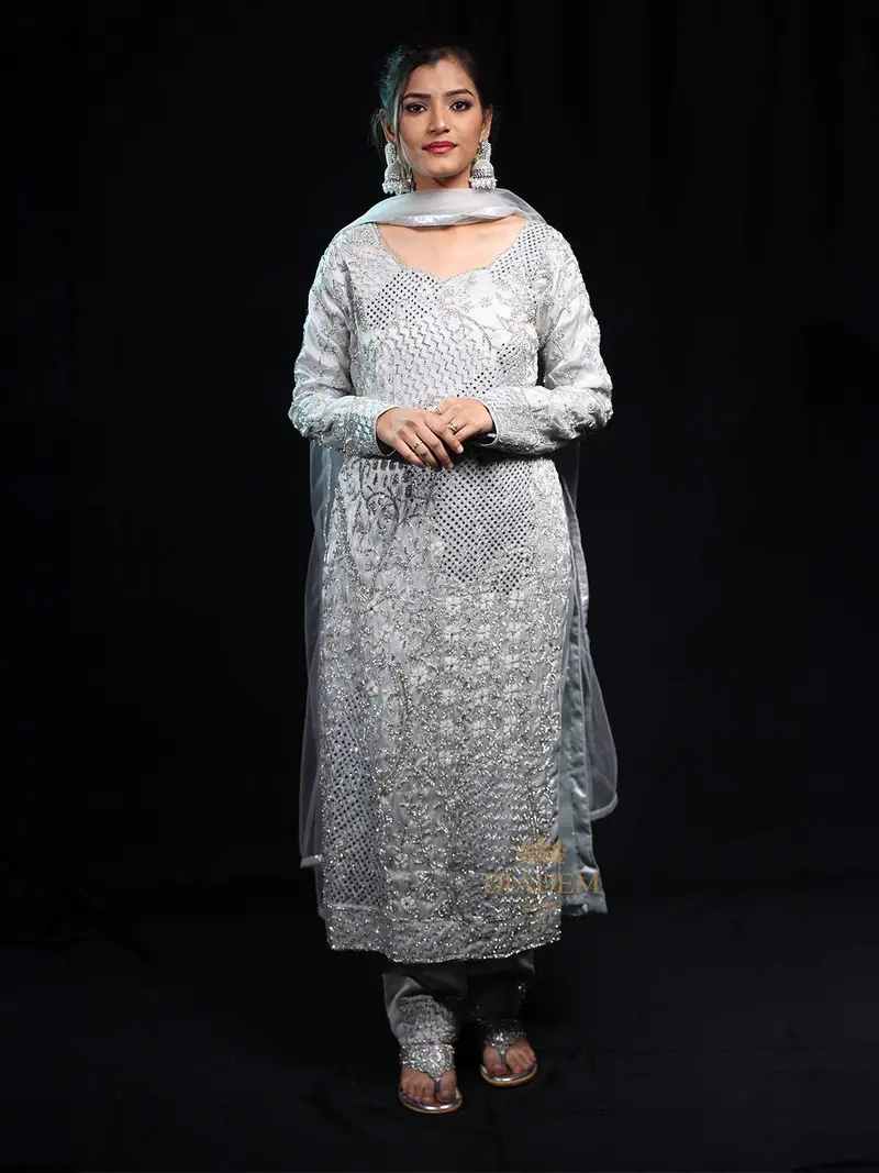 Light Blue Straight Cut Salwar Suit Adorned With Stone And Mirror Floral Design With Dupatta 1