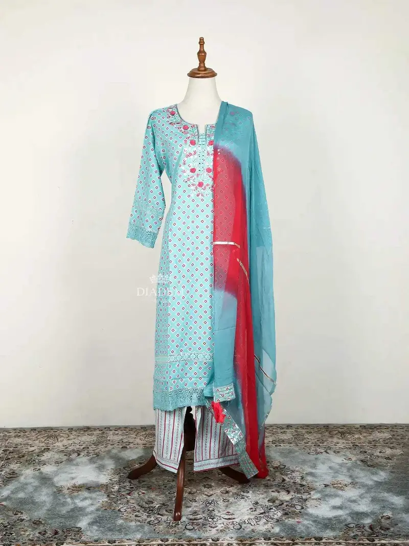 Light Blue Straight Cut Salwar Suit Adorned With Thread Work And Design Prints Along With Dupatta 1