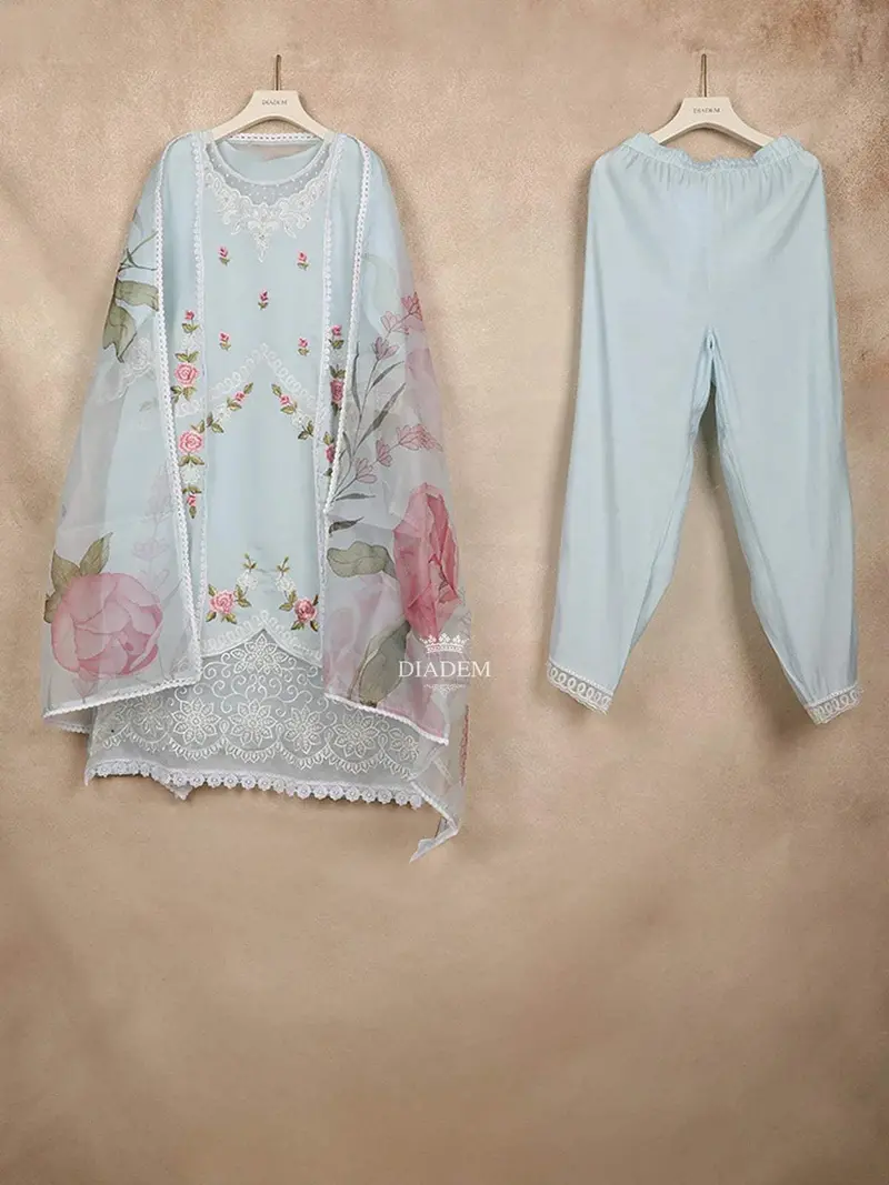 Light Blue Straight Cut Salwar Suit For Girls Adorned With Embroided Floral Design And Paired With Dupatta 1