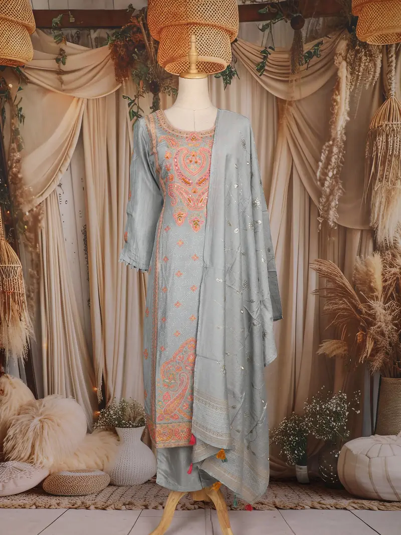 Light Blue Thread Embroidered Design Cotton Straight Cut Salwar Suit 1
