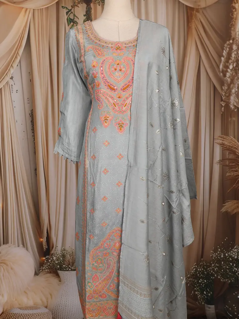 Light Blue Thread Embroidered Design Cotton Straight Cut Salwar Suit 2