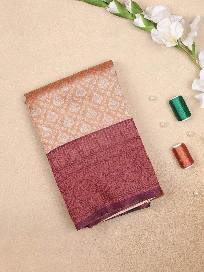 Light Brown Art Silk Saree With Diagonal Check And Floral Design On The Body With Contrast Border 1