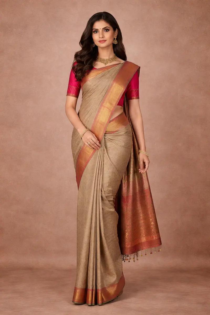 Light Brown Checked Woven Pure Kanchipuram Silk Saree With Contrast Pink Blouse 1