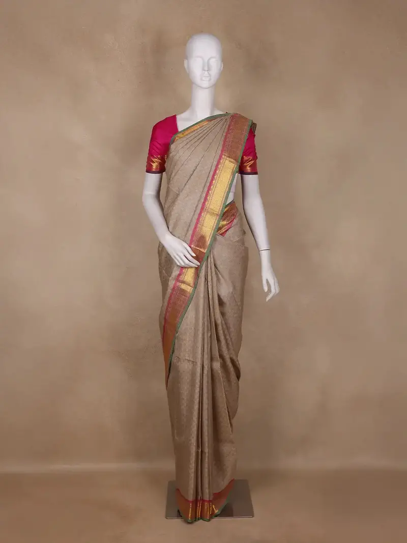 Light Brown Checked Woven Pure Kanchipuram Silk Saree With Contrast Pink Blouse 2