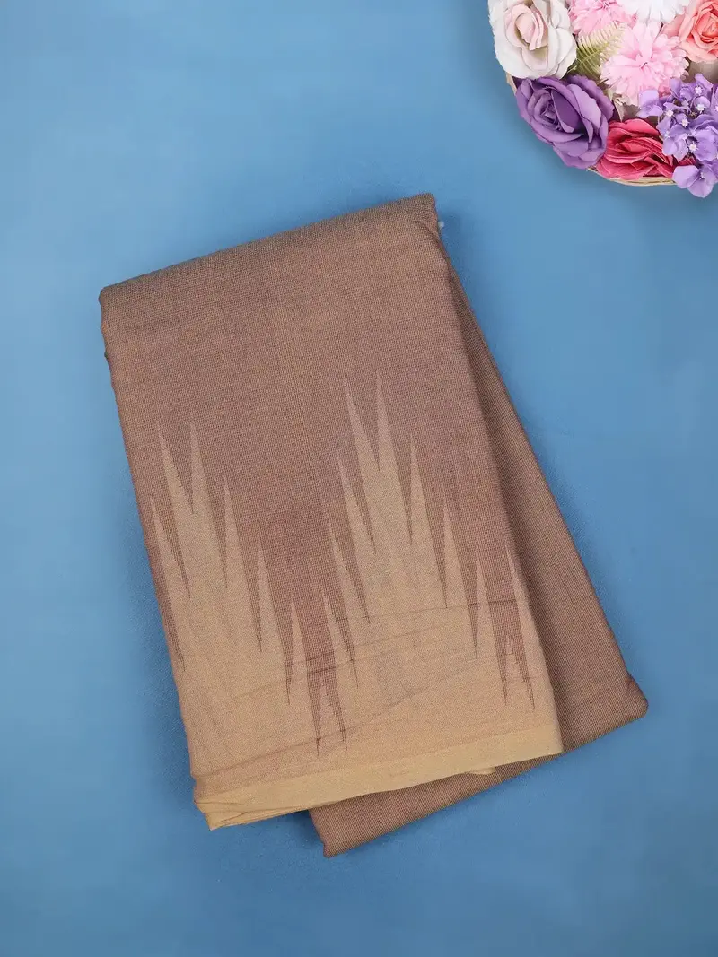Light Brown Cotton Saree With Beige Dual-Tone Ikat Design Border 1