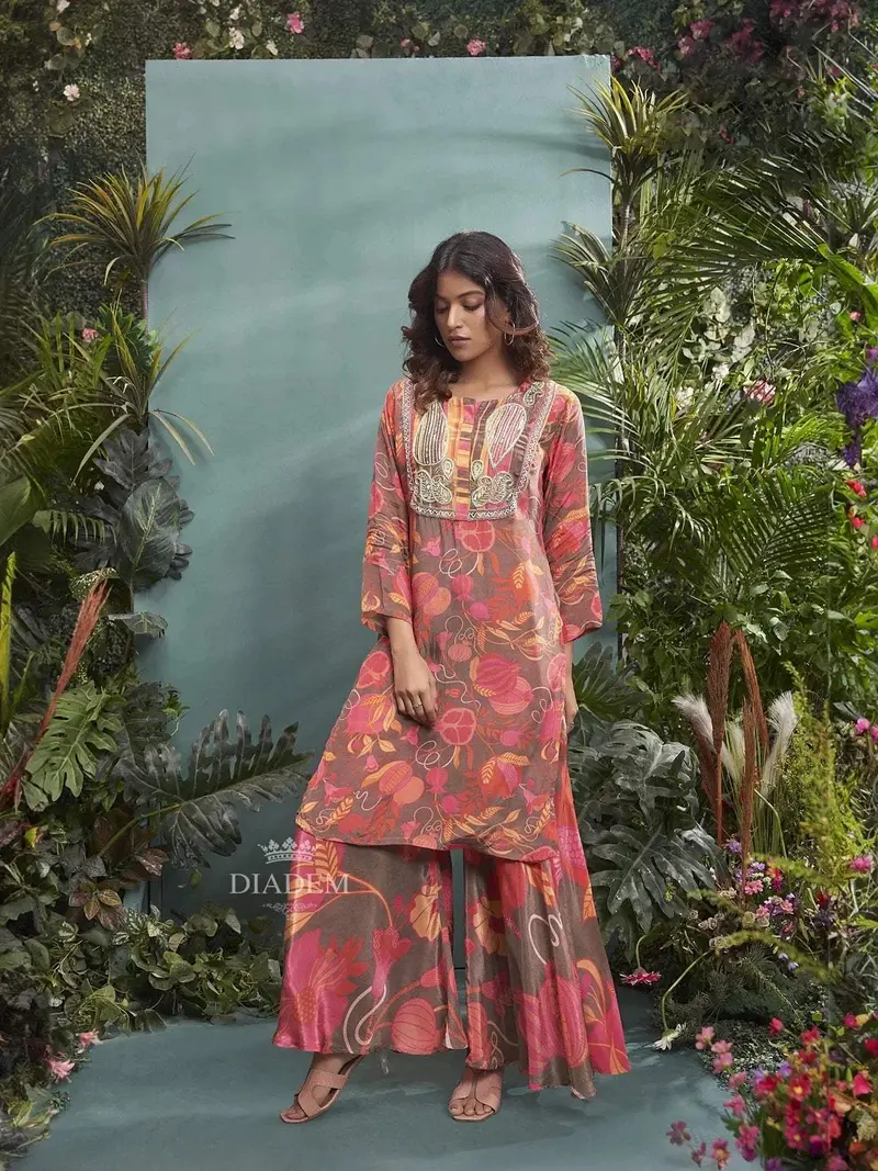 Light Brown Crepe Palazzo Salwar Suit For Women Adorned With Floral Prints And Embroidery 1
