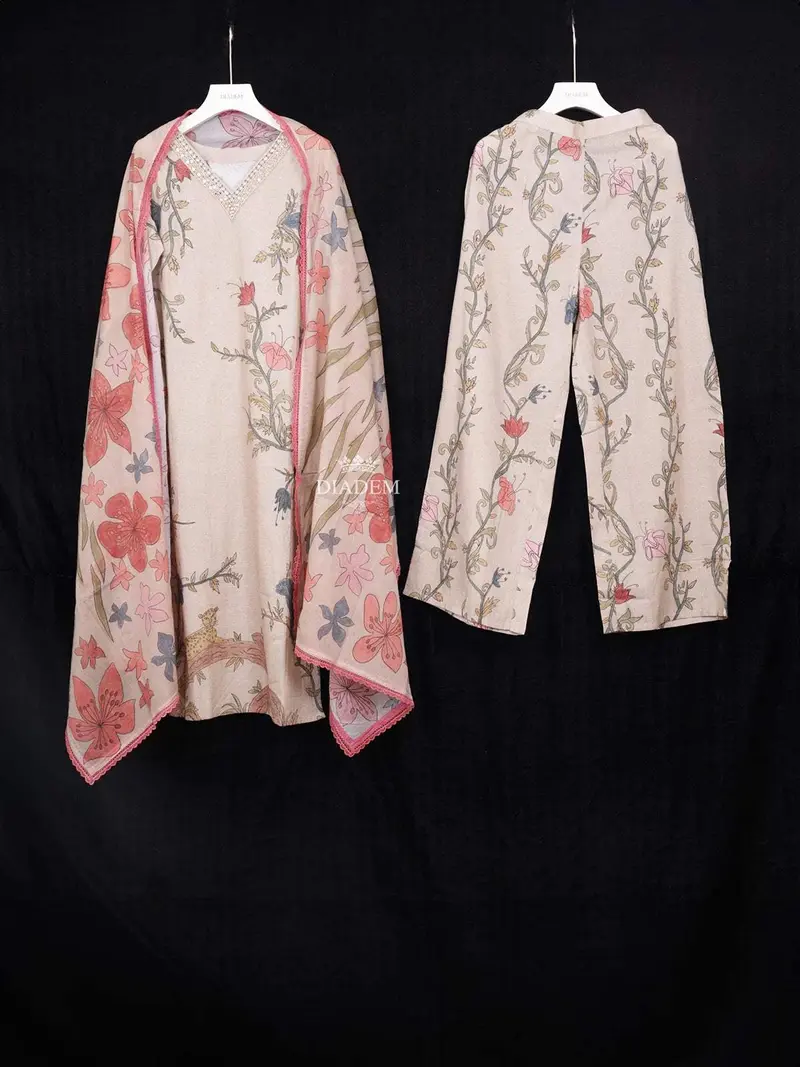 Light Brown Crepe Straight Cut Salwar Suit Adorned With Floral Prints Paired With Dupatta 1