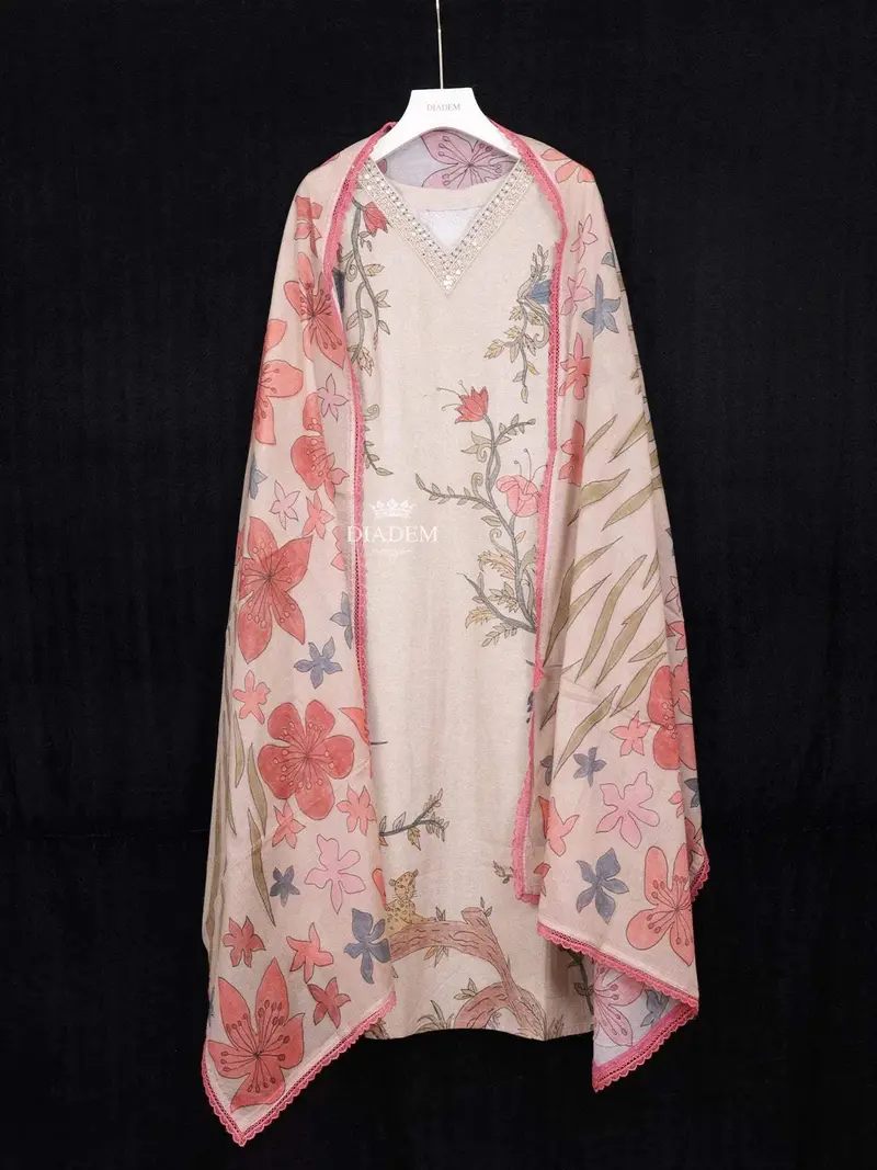 Light Brown Crepe Straight Cut Salwar Suit Adorned With Floral Prints Paired With Dupatta 2