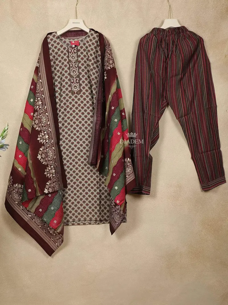 Light Brown Crepe Straight Cut Salwar Suit For Girls Adorned With Sequins And Floral Print, Paired With Dupatta 1