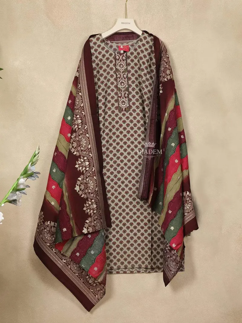 Light Brown Crepe Straight Cut Salwar Suit For Girls Adorned With Sequins And Floral Print, Paired With Dupatta 2