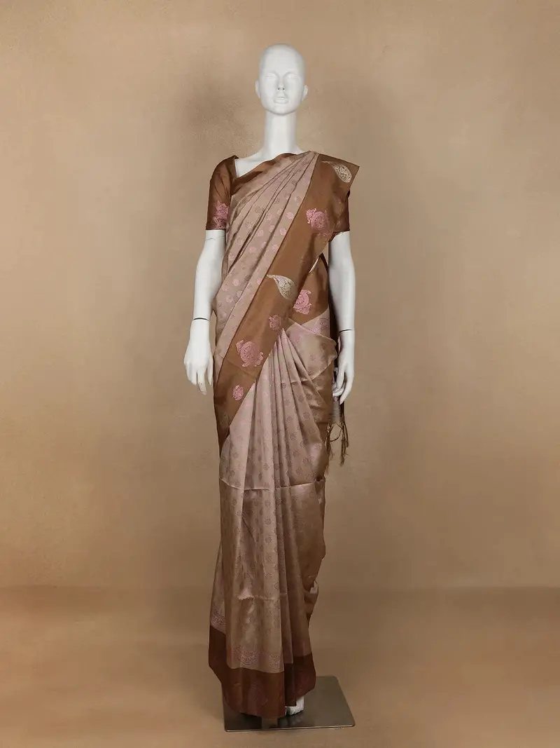 Light Brown Floral Buttis Art Silk Saree 1