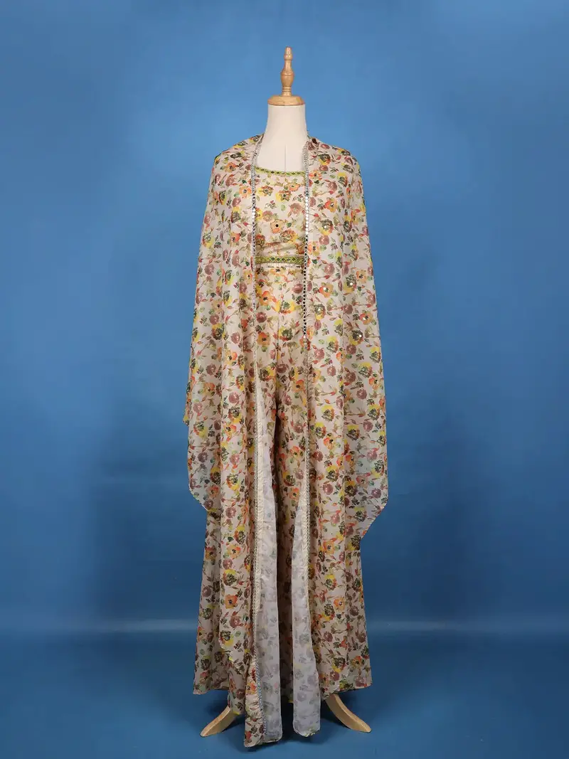 Light Brown Floral Design Georgette Palazzo Suit 1