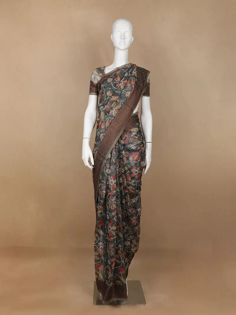 Light Brown Floral Designed Chanderi Cotton Saree 1