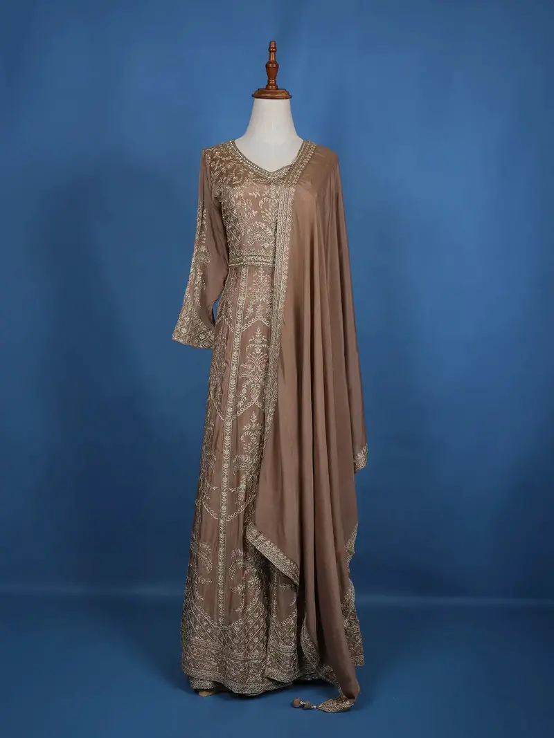 Light Brown Floral Embroidered Cotton Lehenga 1
