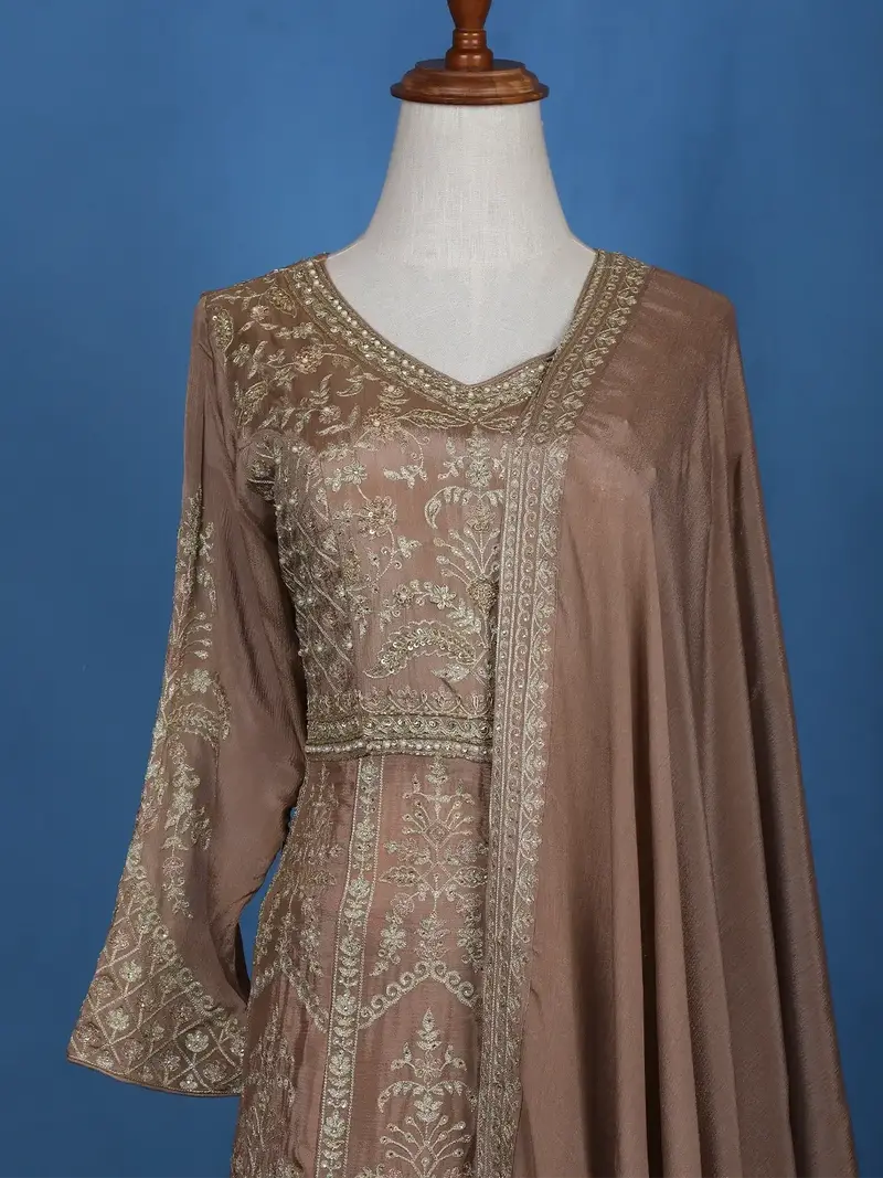 Light Brown Floral Embroidered Cotton Lehenga 2