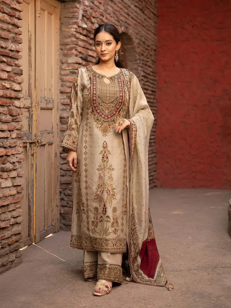 Light Brown Floral Embroidered Crepe Palazzo Salwar Suit 1