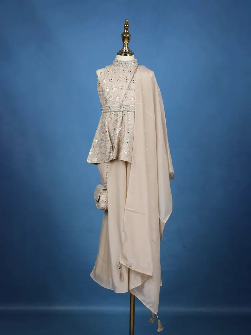Light Brown Floral Embroidered Silk Blend Kids Palazzo Suit 1
