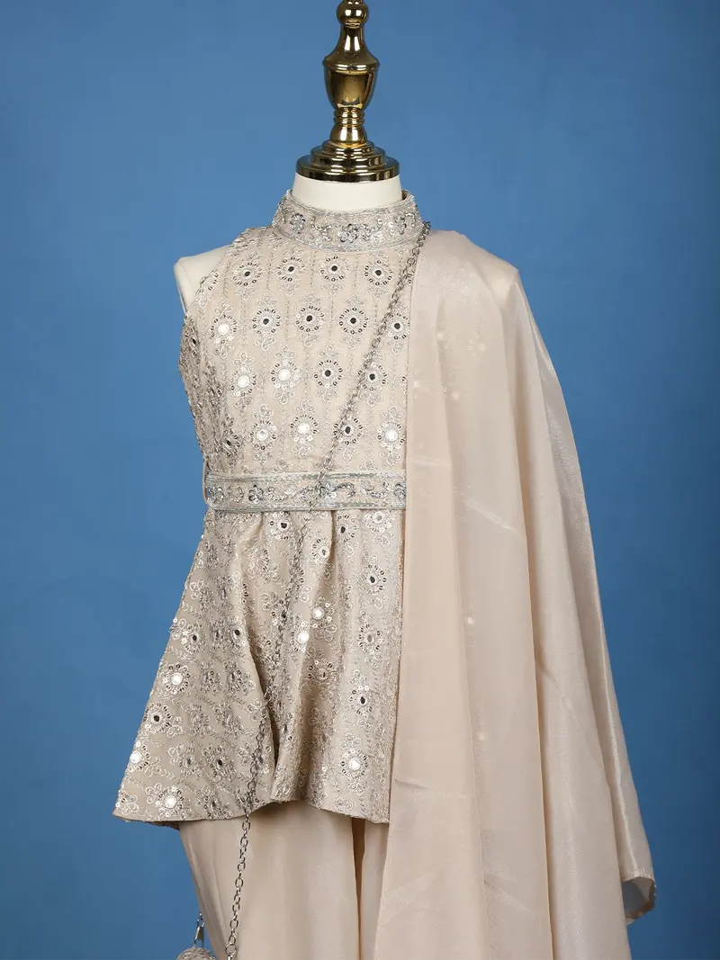 Light Brown Floral Embroidered Silk Blend Kids Palazzo Suit 2