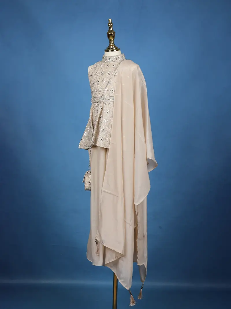 Light Brown Floral Embroidered Silk Blend Kids Palazzo Suit 3