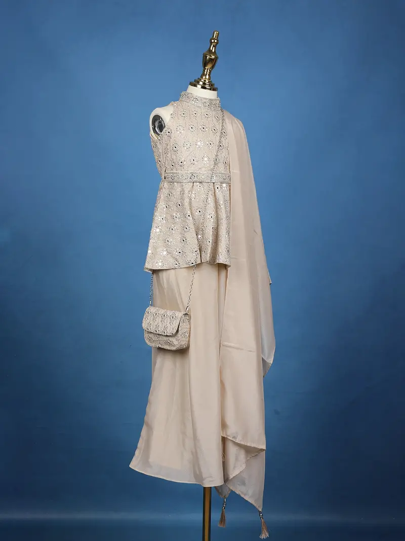 Light Brown Floral Embroidered Silk Blend Kids Palazzo Suit 4