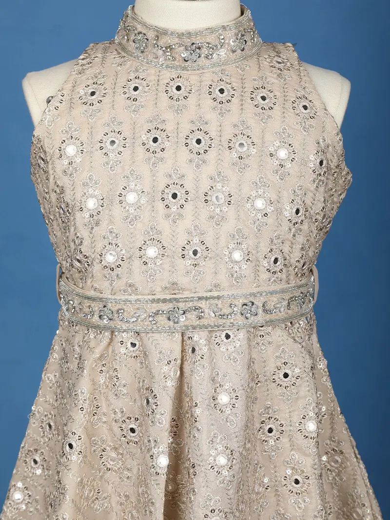 Light Brown Floral Embroidered Silk Blend Kids Palazzo Suit 5