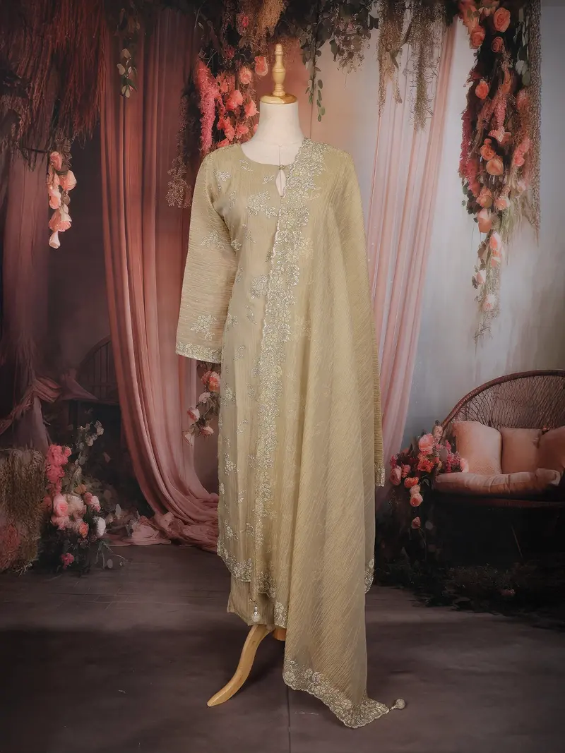 Light Brown Floral Embroidered Tissue Silk Straight Cut Salwar Suit With Dupatta 1