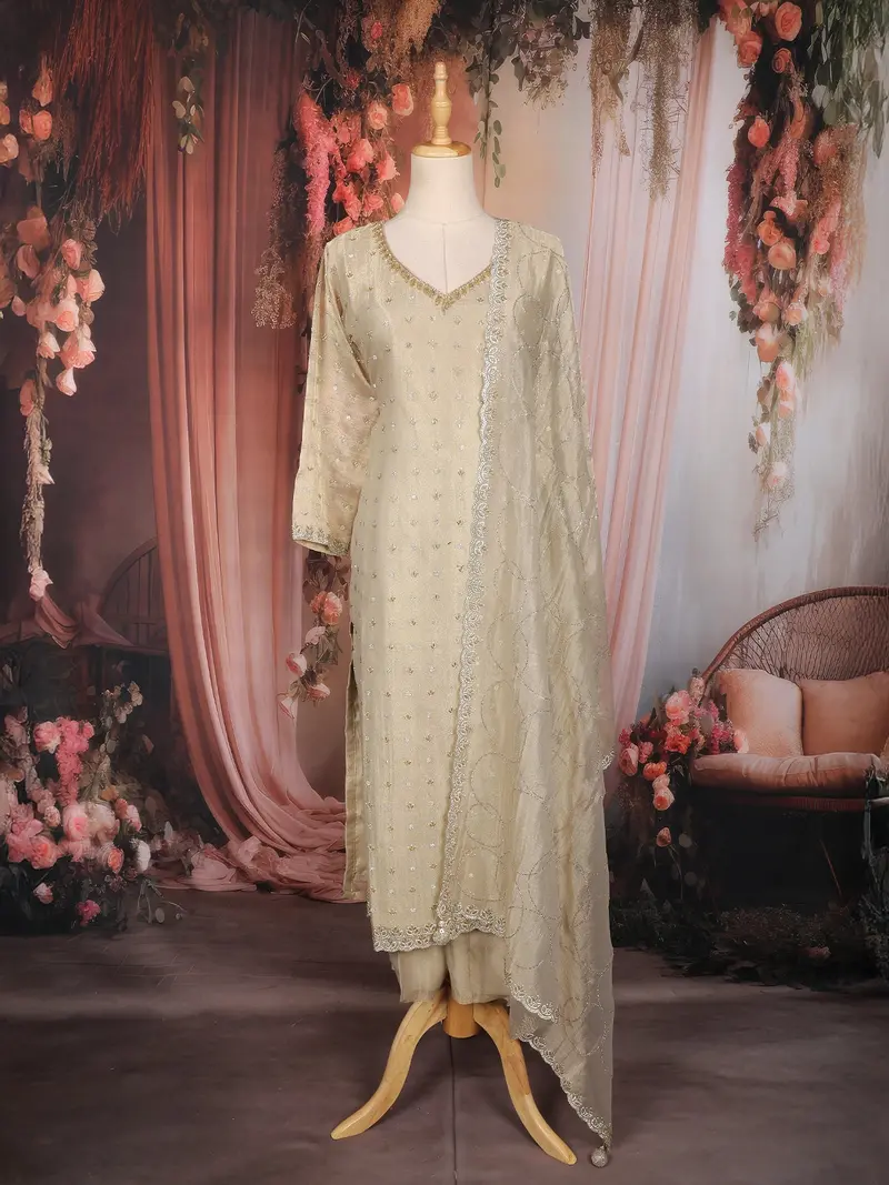 Light Brown Floral Embroidered Tissue Silk Straight Cut Salwar Suit With Dupatta 1