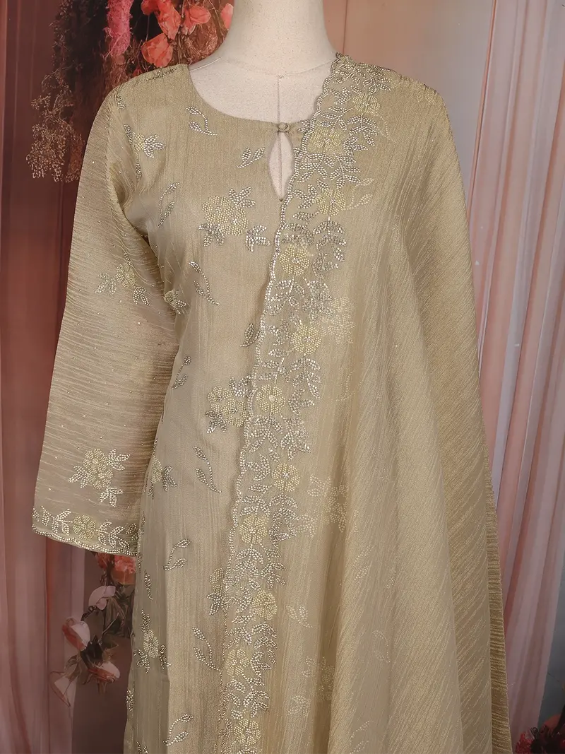 Light Brown Floral Embroidered Tissue Silk Straight Cut Salwar Suit With Dupatta 2