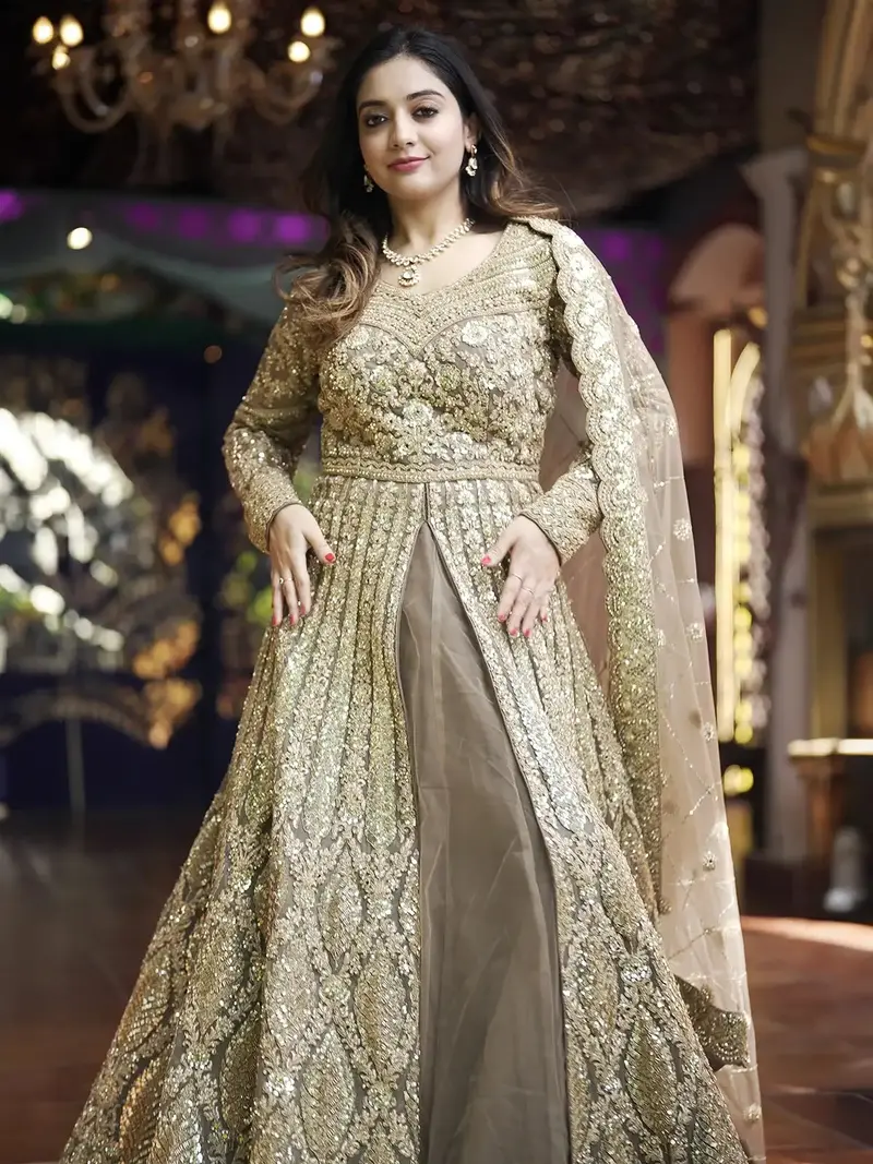 Light Brown Floral Embroidery Net Lehenga 1