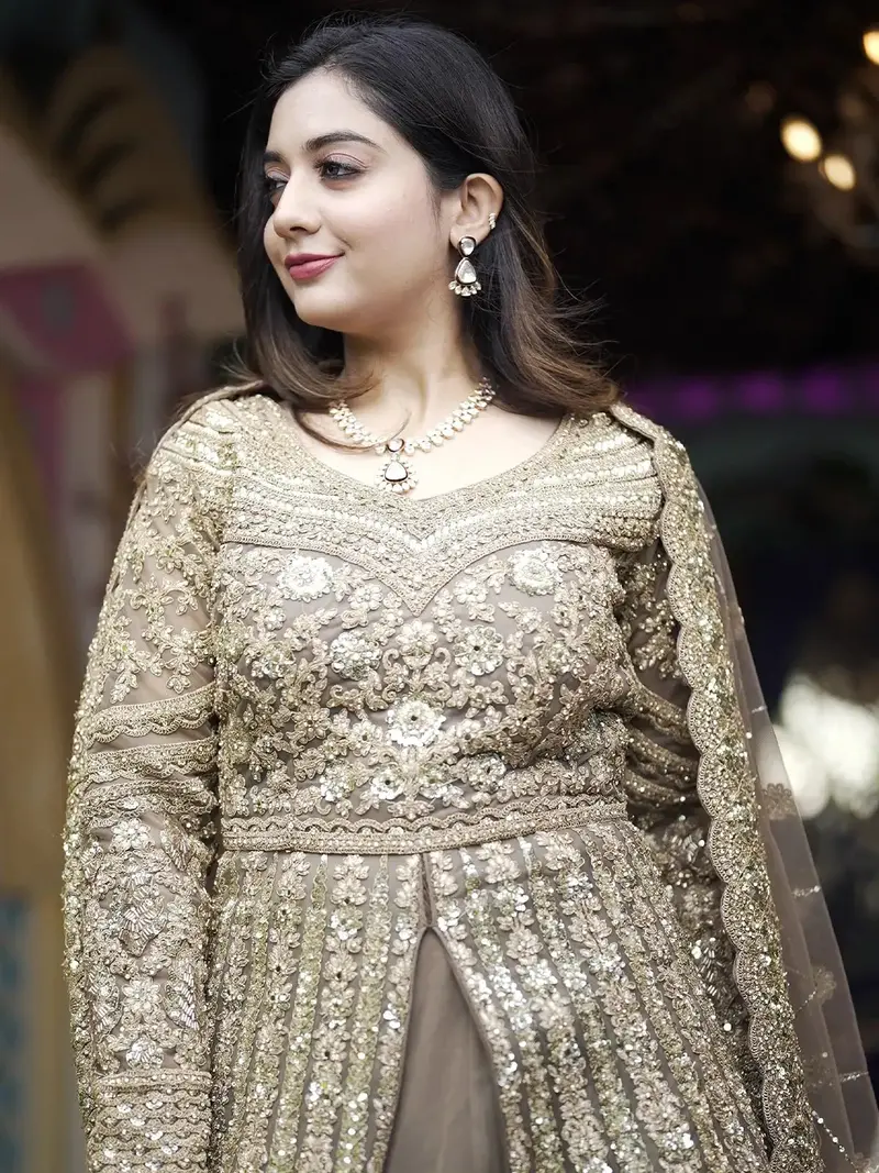 Light Brown Floral Embroidery Net Lehenga 2