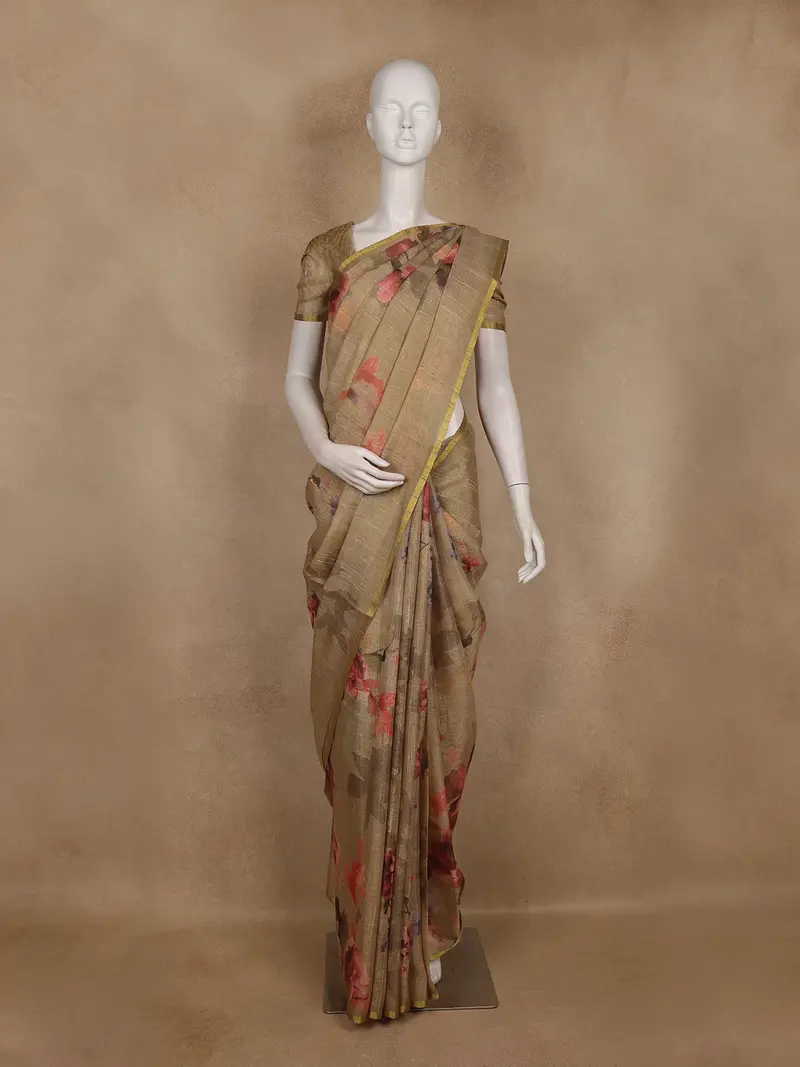 Light Brown Floral Printed Cotton Saree With Subtle Golden Zari Border 1