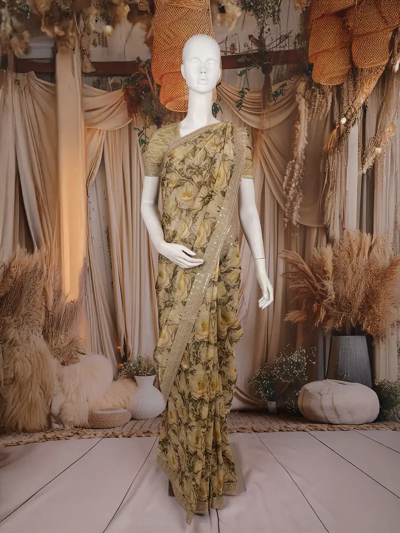Light Brown Floral Printed Tissue Organza Saree With Sequins Embroidered Border 1