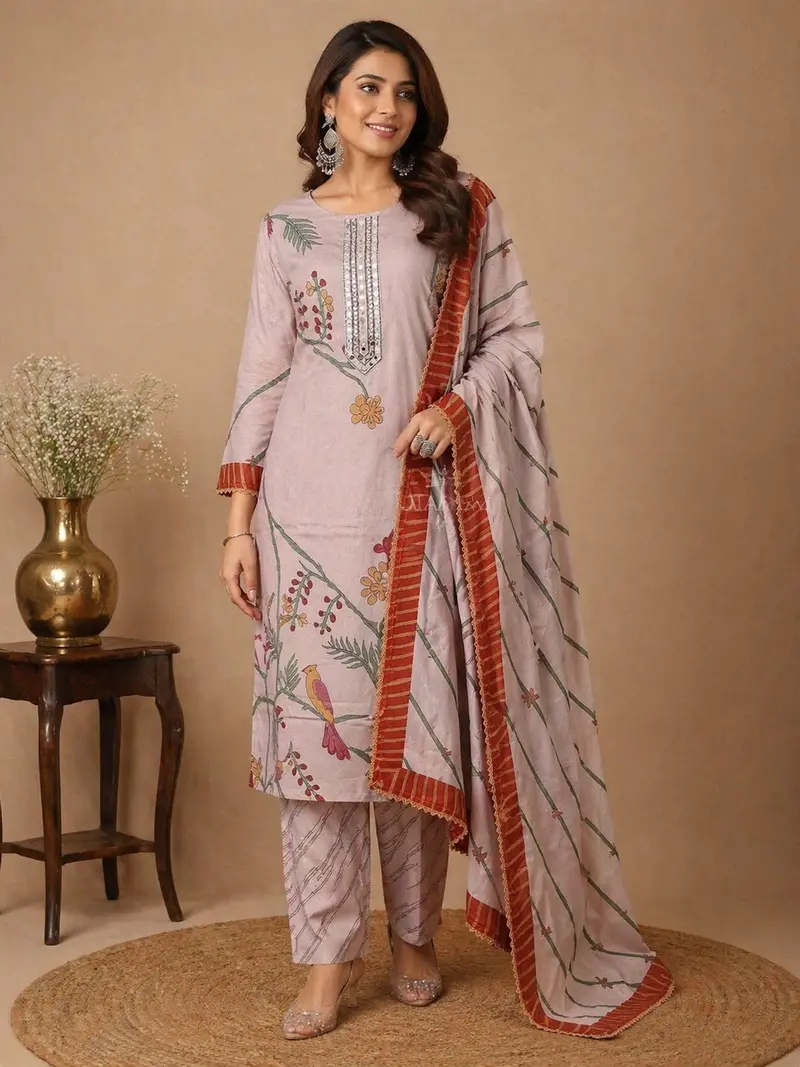 Light Brown Georgette Straight Cut Salwar Suit Adorned With Floral Prints And Mirrorwork, Paired With Dupatta 1