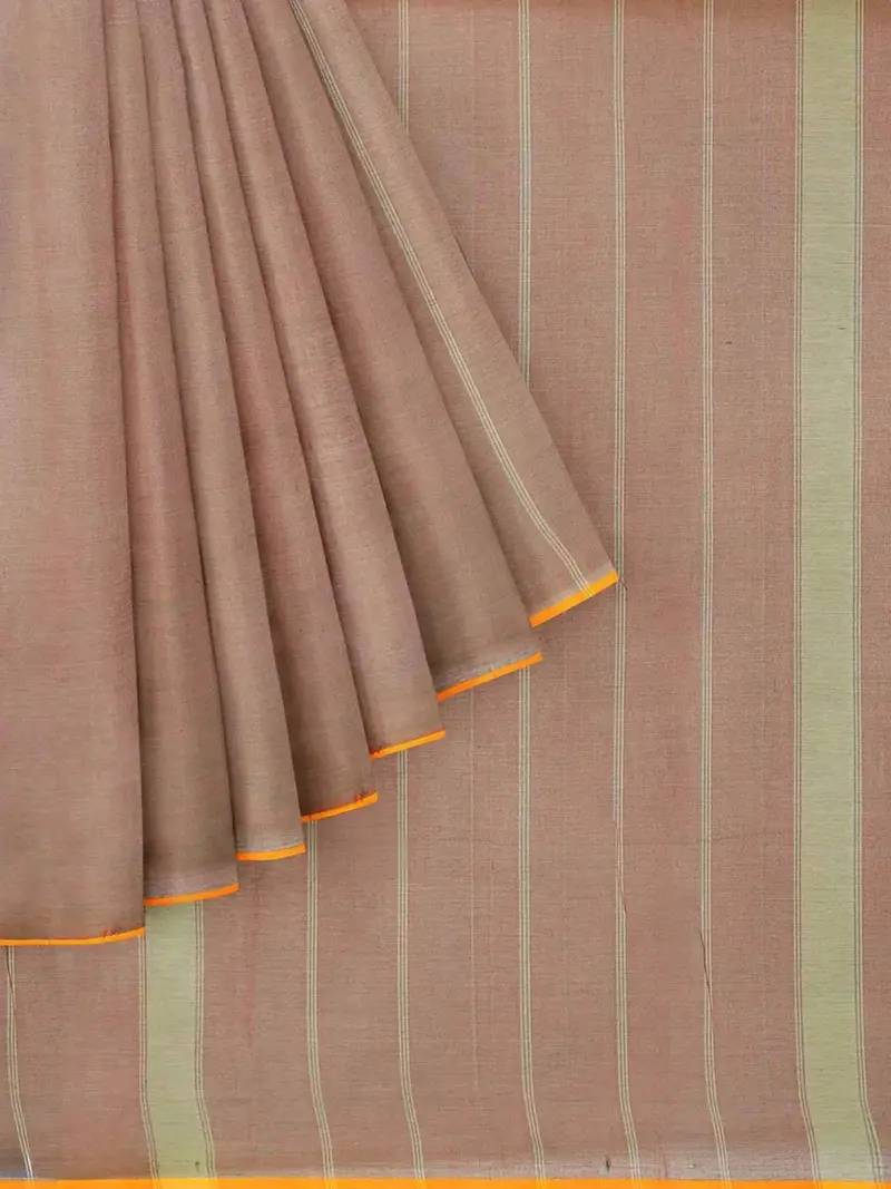 Light Brown Kanchi Cotton Saree With Stripes On The Body And Contrast Zari Border 1