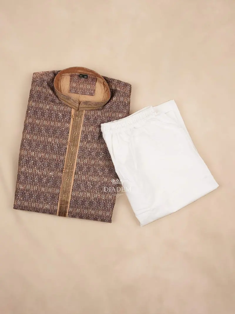 Light Brown Kurta Set With Geometric And Sequin Embroidery, With Pant 1