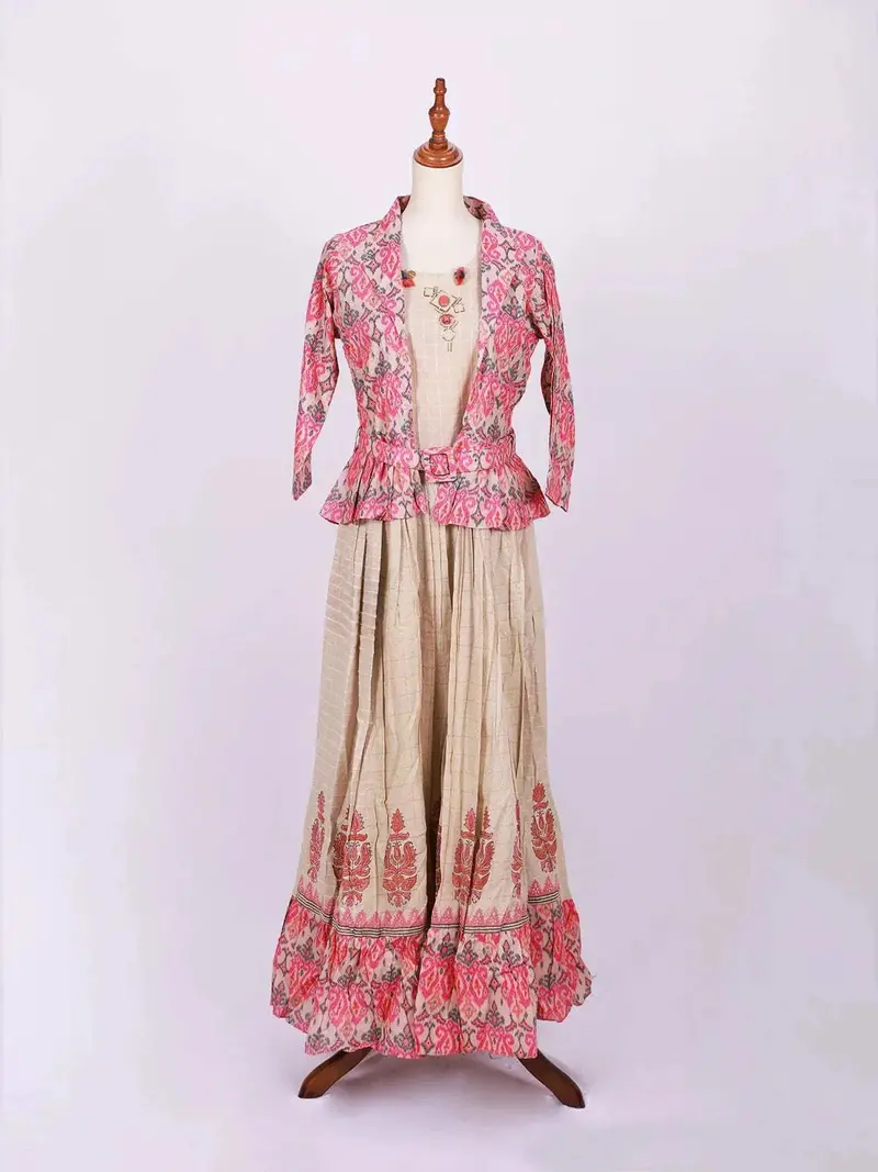 Light Brown Kurti Adorned With Floral Prints Paired With Full Sleeve Overcoat 1