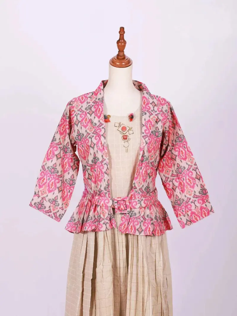 Light Brown Kurti Adorned With Floral Prints Paired With Full Sleeve Overcoat 2