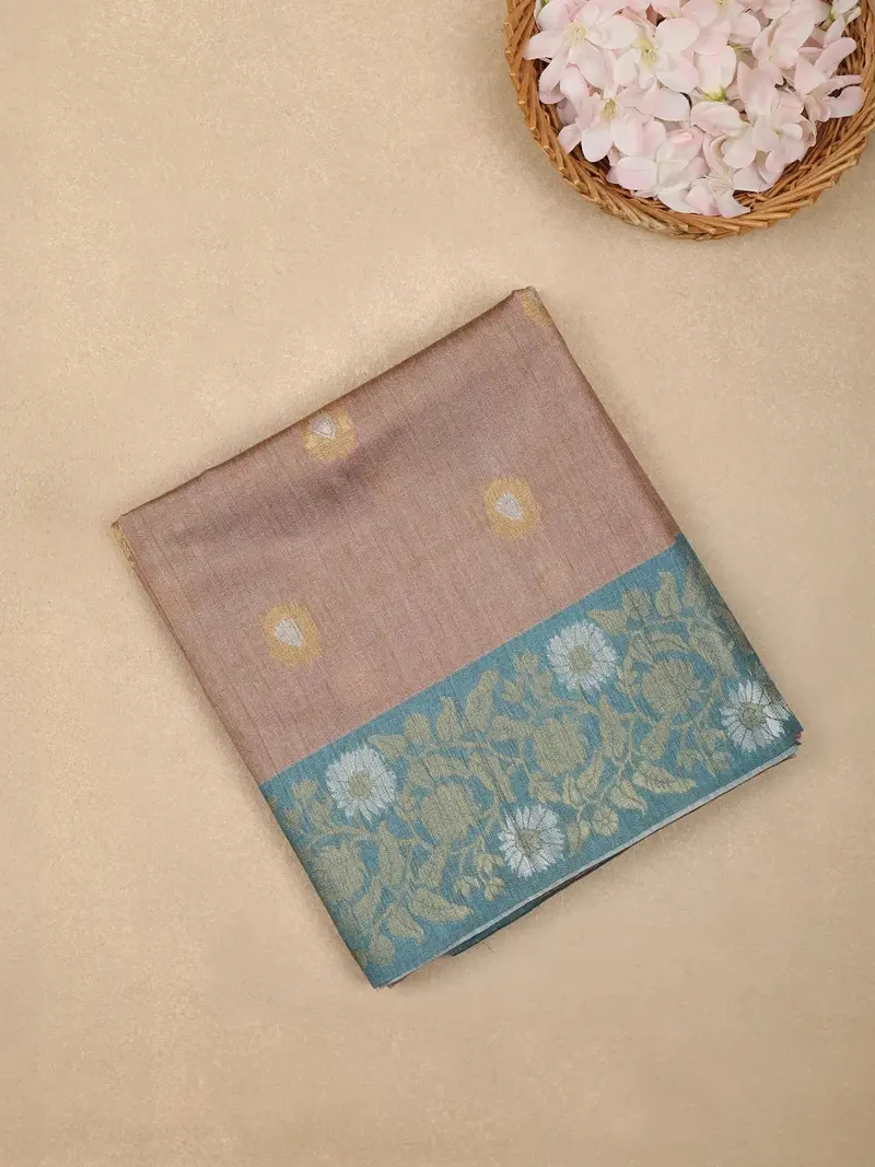 Light Brown Semi Tussar Silk Floral Designed Saree 1