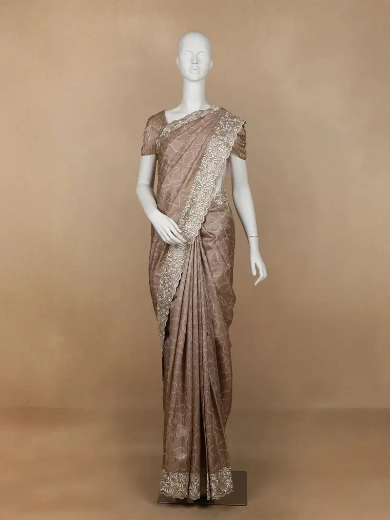 Light Brown Semi Tussar Silk Saree With Geometric Design 1