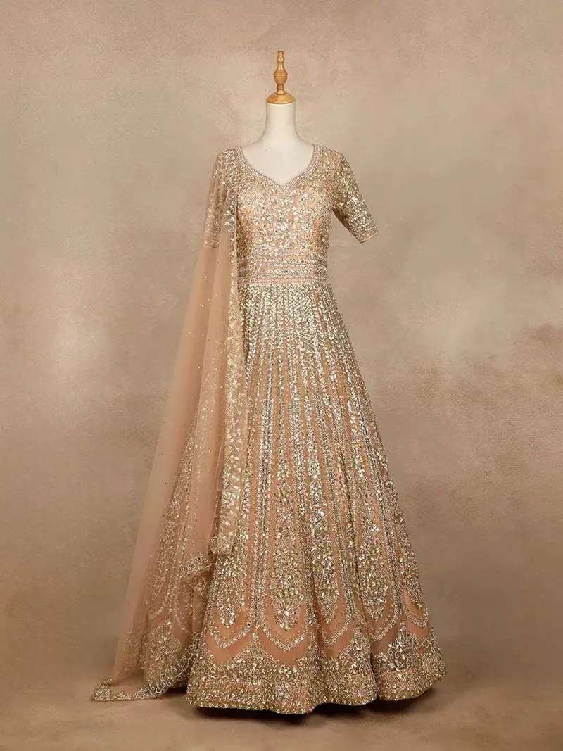 Light Brown Sequined Bridal Reception Gown & Dupatta 1