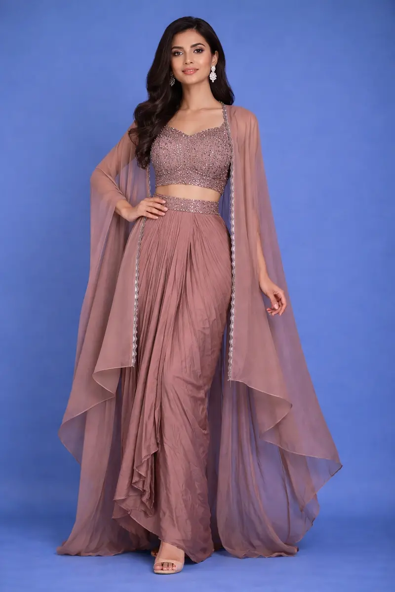 Light Brown Sequins Design Georgette Skirt Top 1