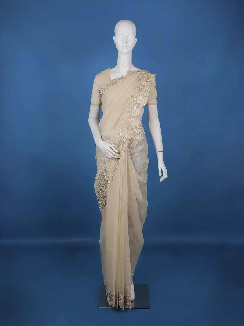 Light Brown Solid Design Tissue Saree With Scalloped Floral Embroidered Border 1