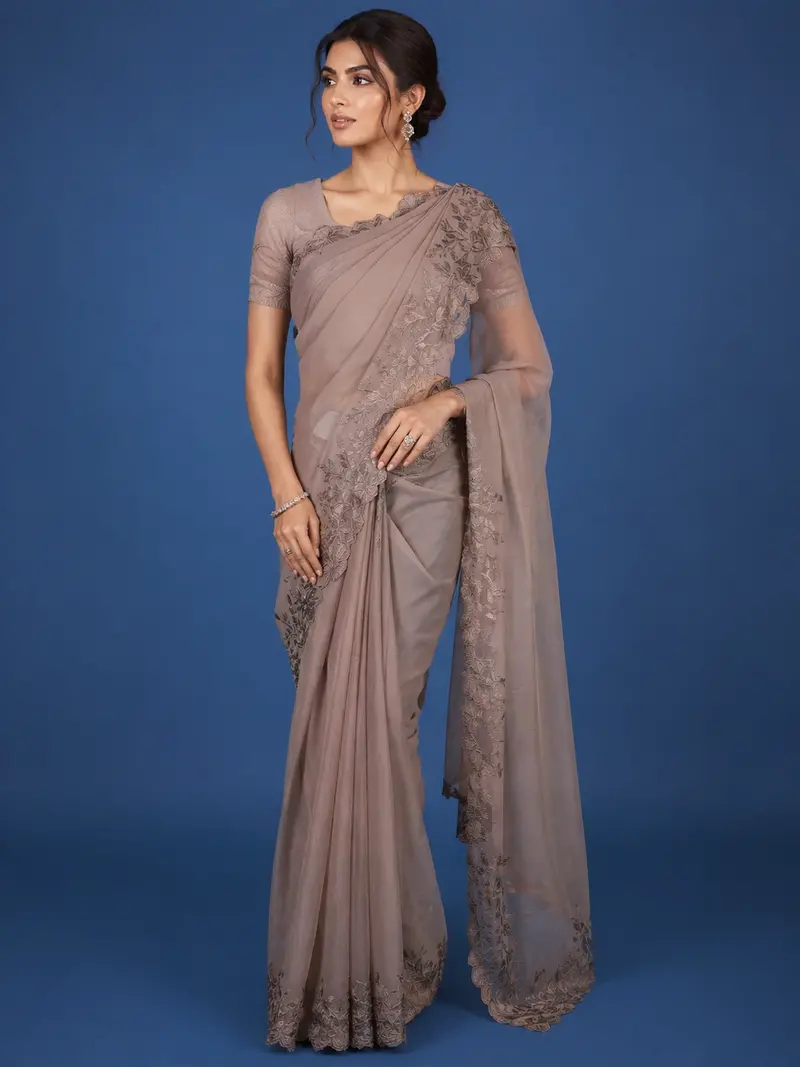 Light Brown Solid Design Tissue Saree With Scalloped Floral Embroidered Border 1